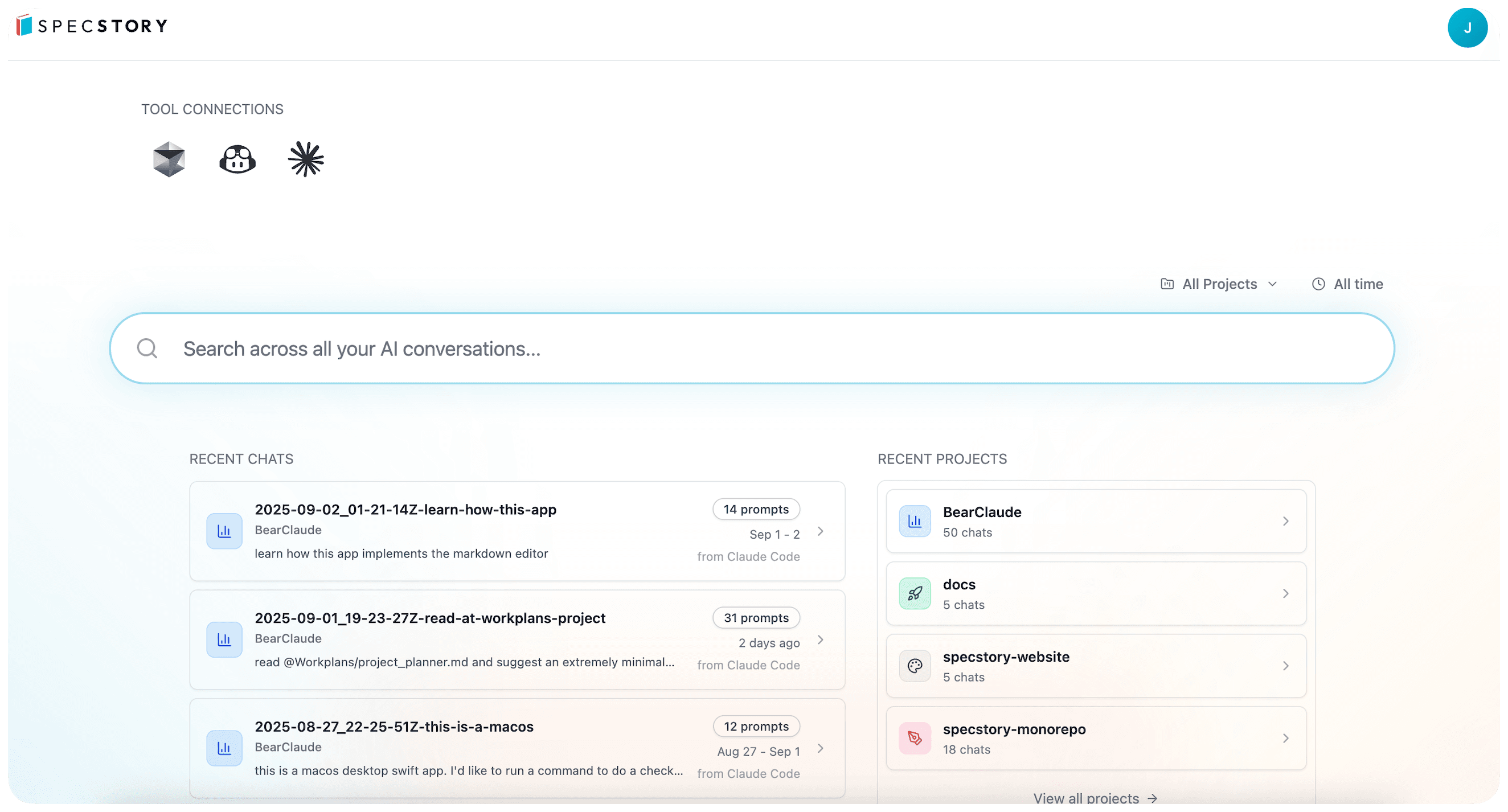SpecStory Cloud interface showing AI conversation search