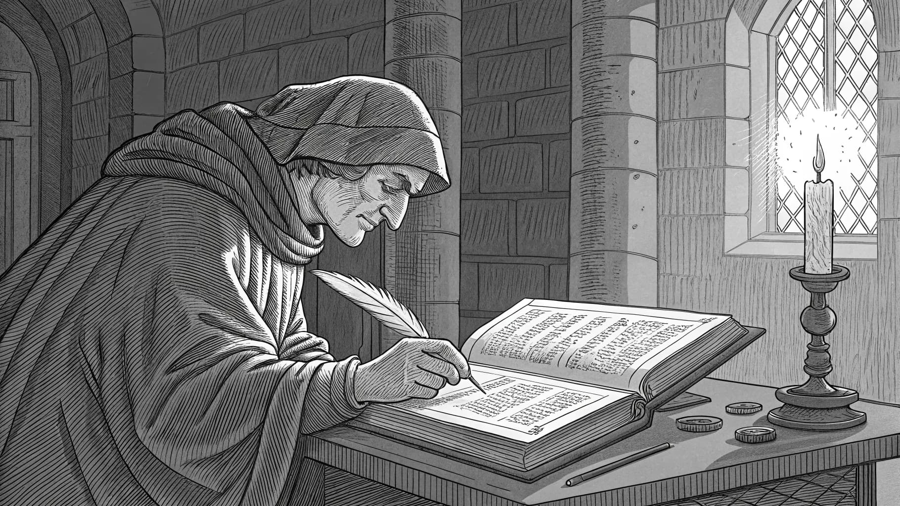 Medieval monk scribing manuscripts in candlelit monastery - representing the preservation of knowledge and intent