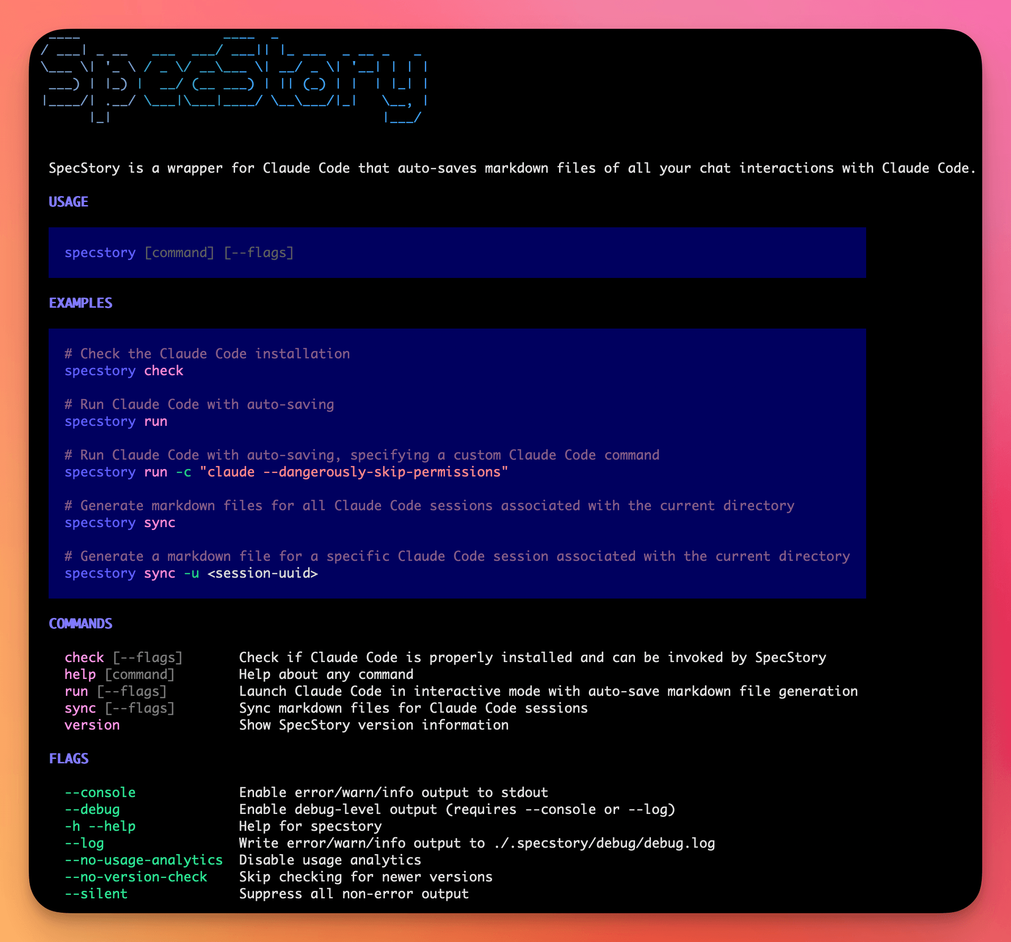 SpecStory CLI in action - showing automatic session saving
