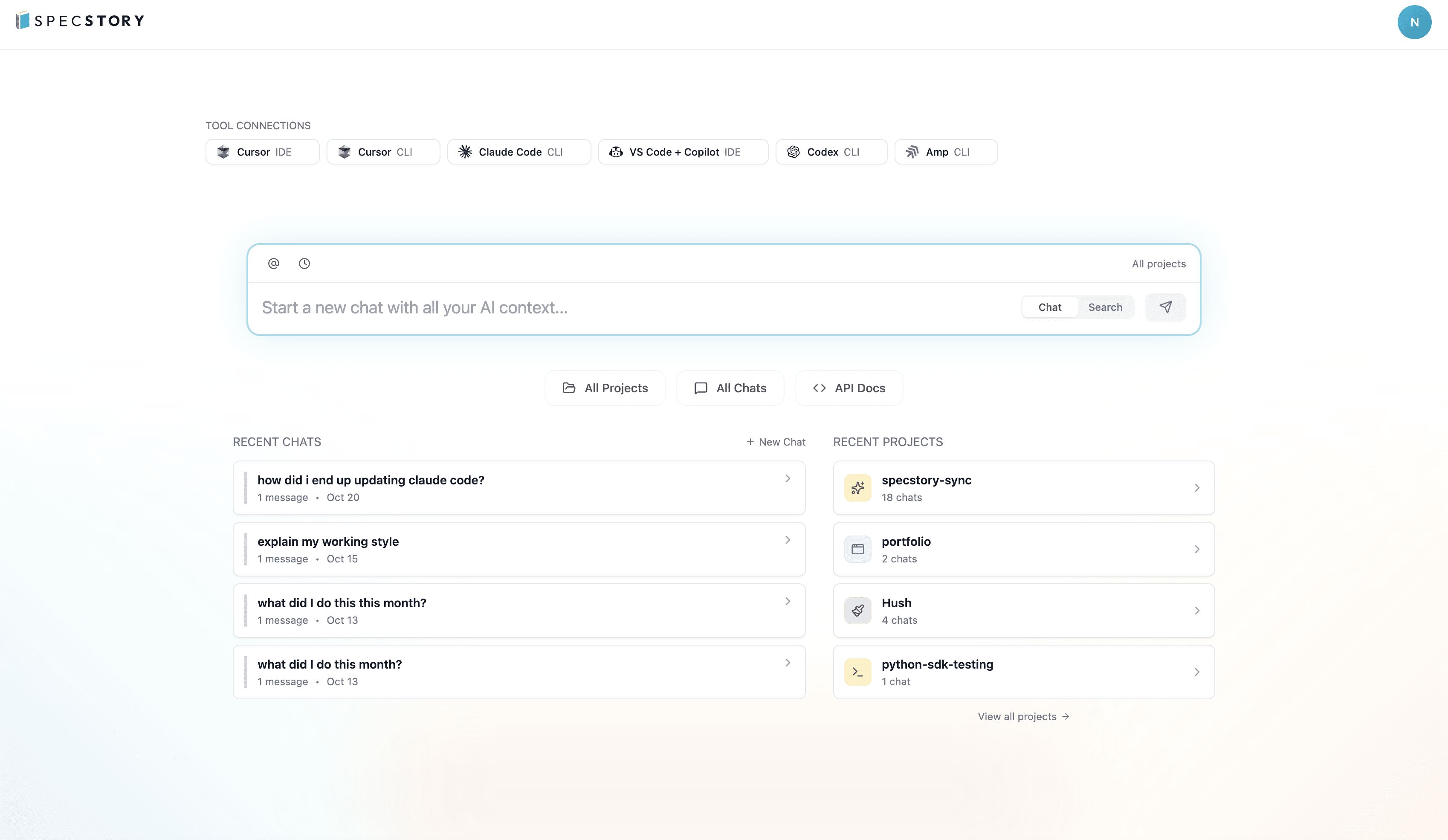 SpecStory Cloud interface showing AI conversation search