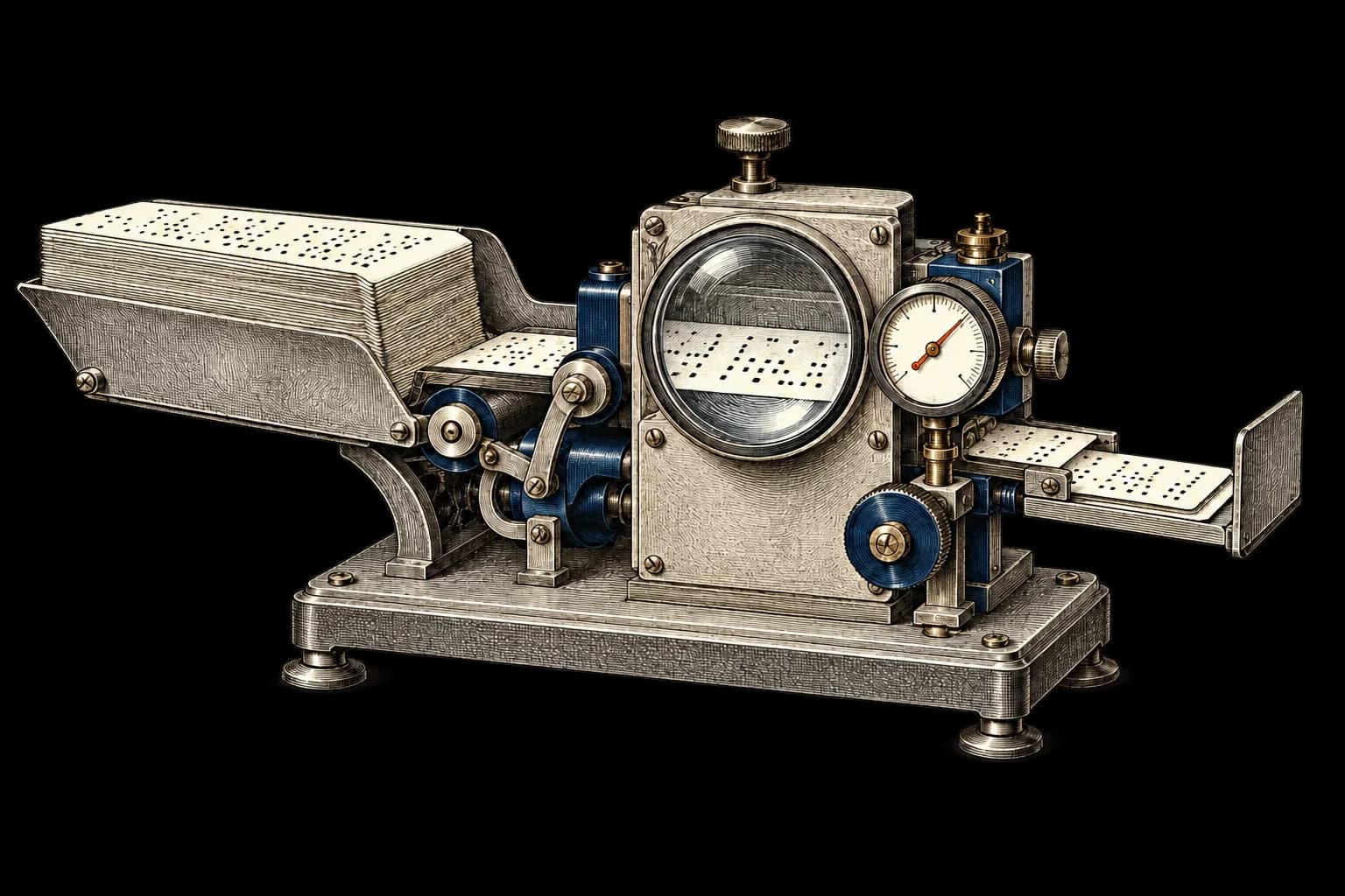 An engraved mechanical inspection apparatus examines a stack of punched cards through a magnifying lens.