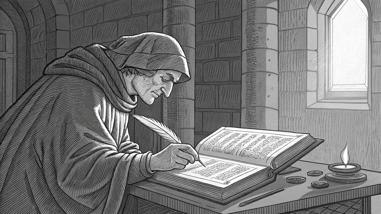 Medieval monk scribing manuscripts in candlelit monastery - representing the preservation of knowledge and intent