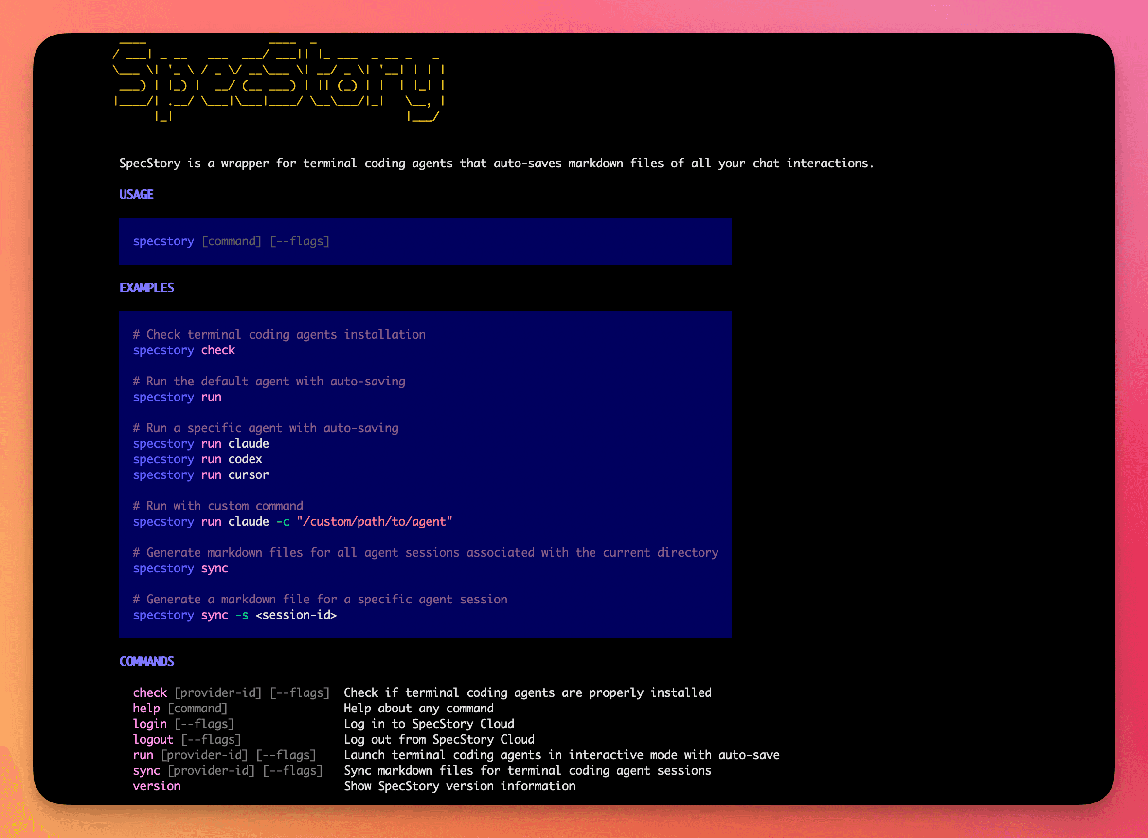 SpecStory CLI in action - showing automatic session saving