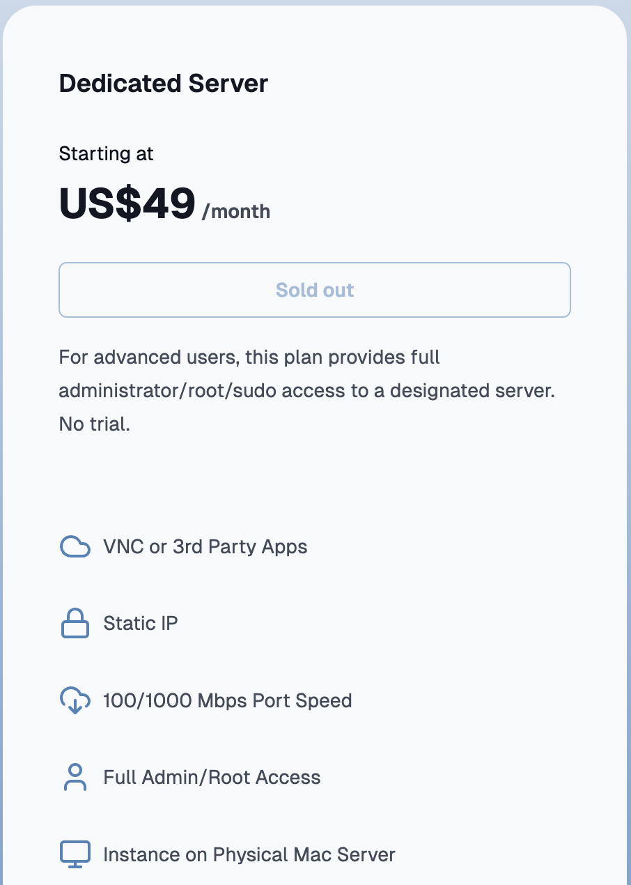 A cloud Mac dedicated server plan starting at US$49 per month, marked sold out