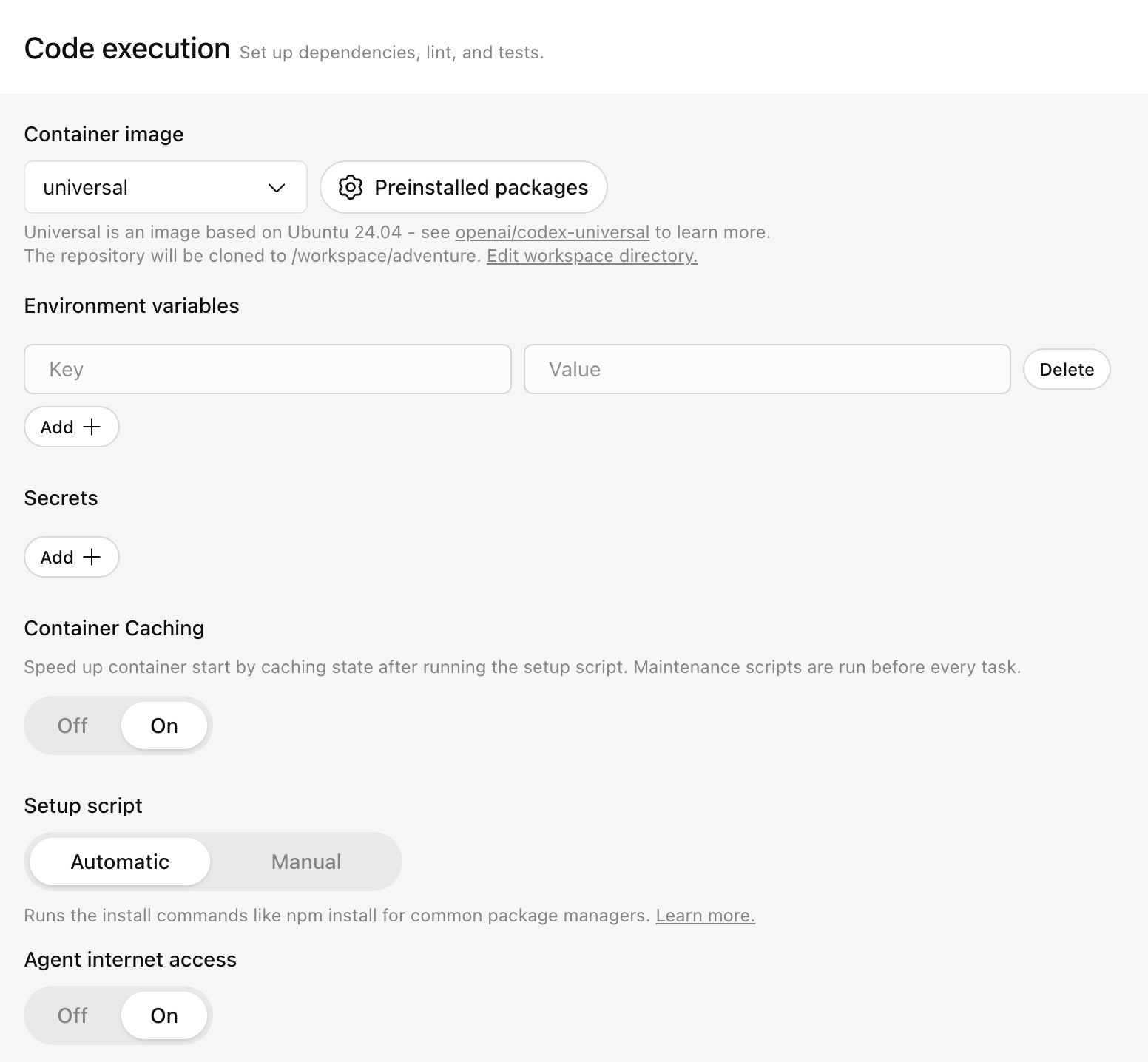 Codex cloud environment code execution settings with agent internet access turned on