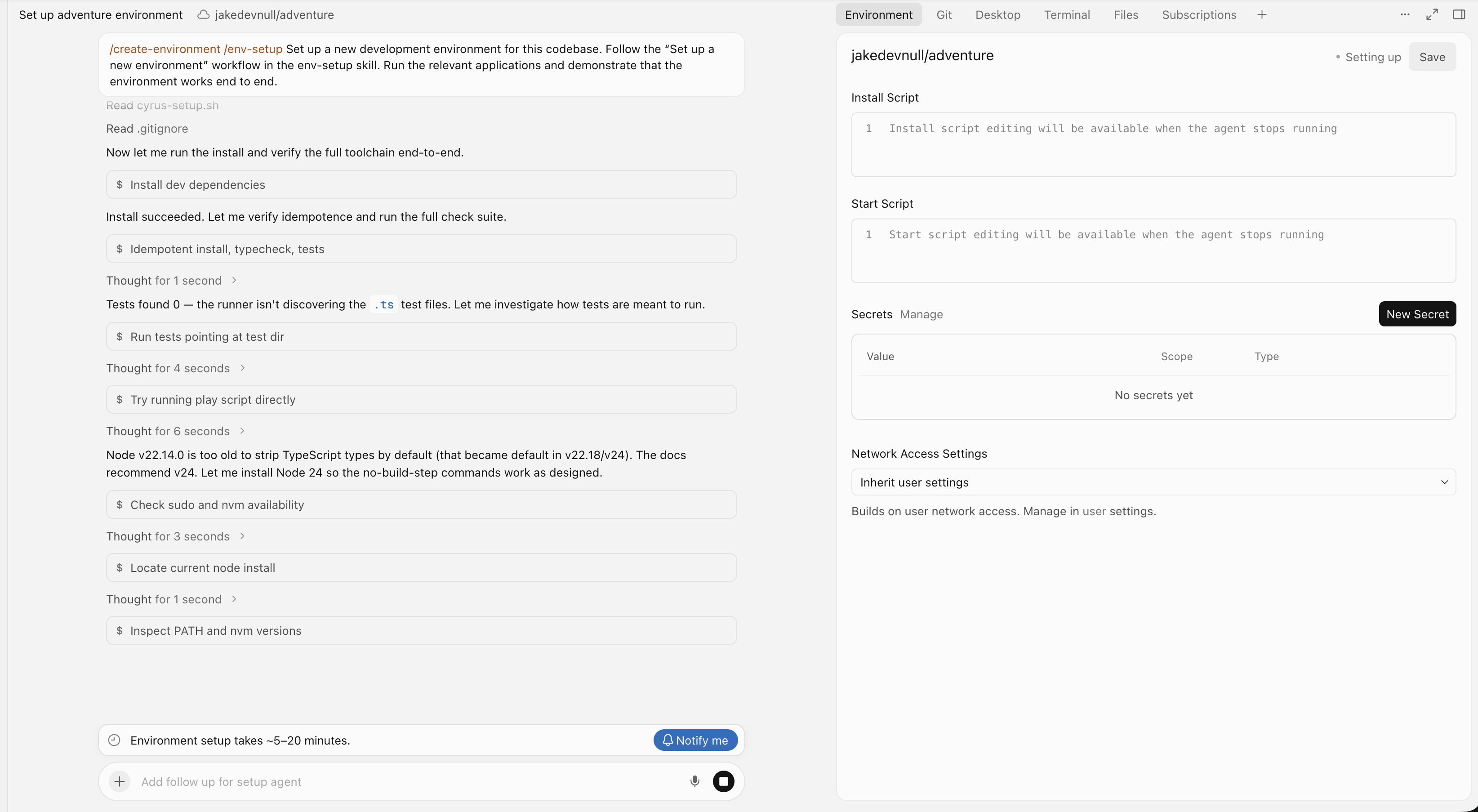 Cursor cloud agent setting up a new development environment