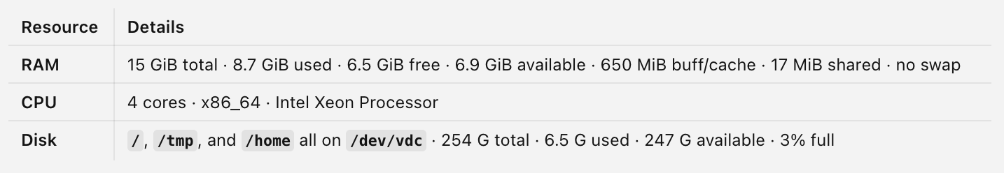 Cursor cloud environment machine stats: 15 GiB RAM, 4 Intel Xeon cores, 254 GB disk