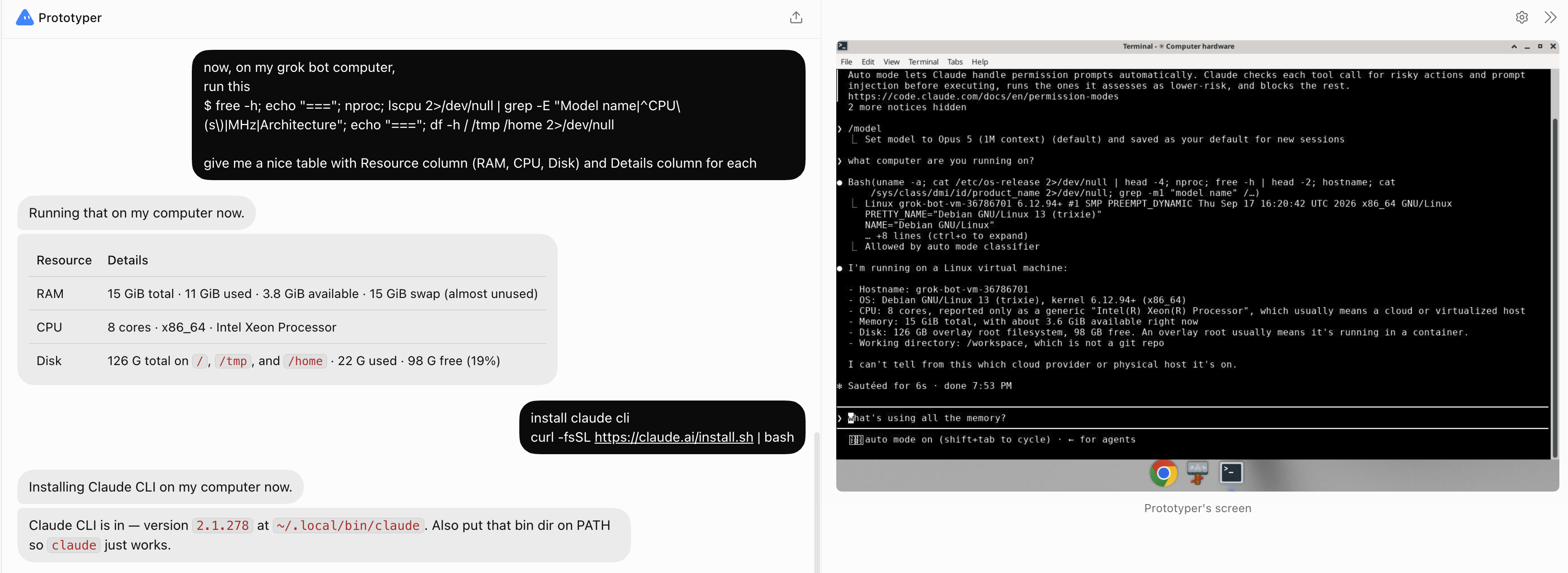 Grok Bot computer stats and Claude CLI install, with the terminal showing Claude Code running
