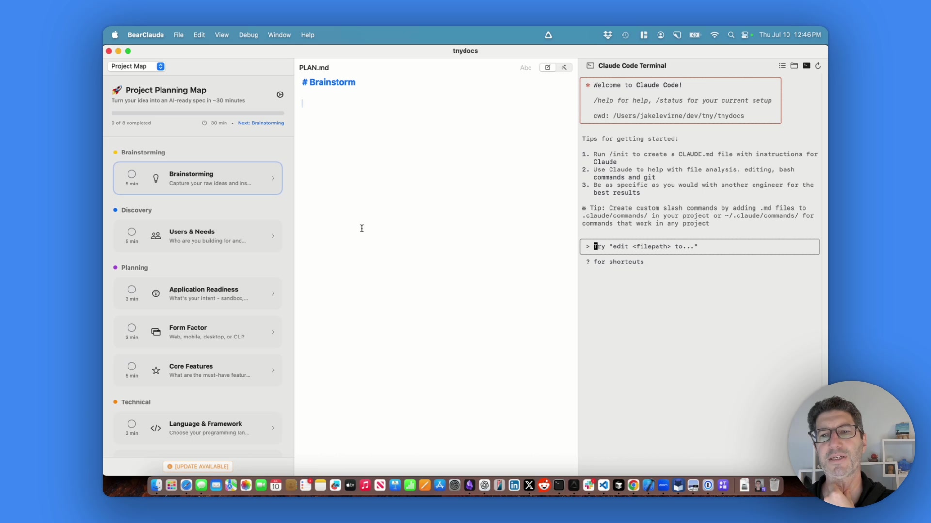 The Project Planning Map interface used to brainstorm TinyDocs.