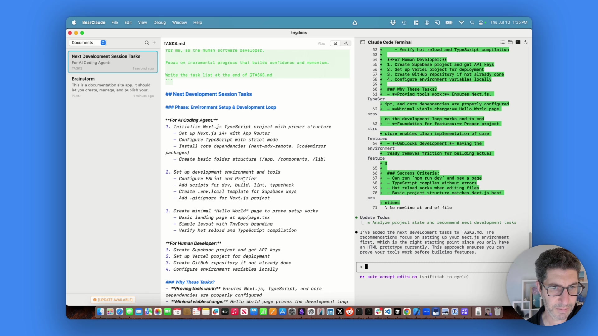 The AI-generated task list for the first development session.