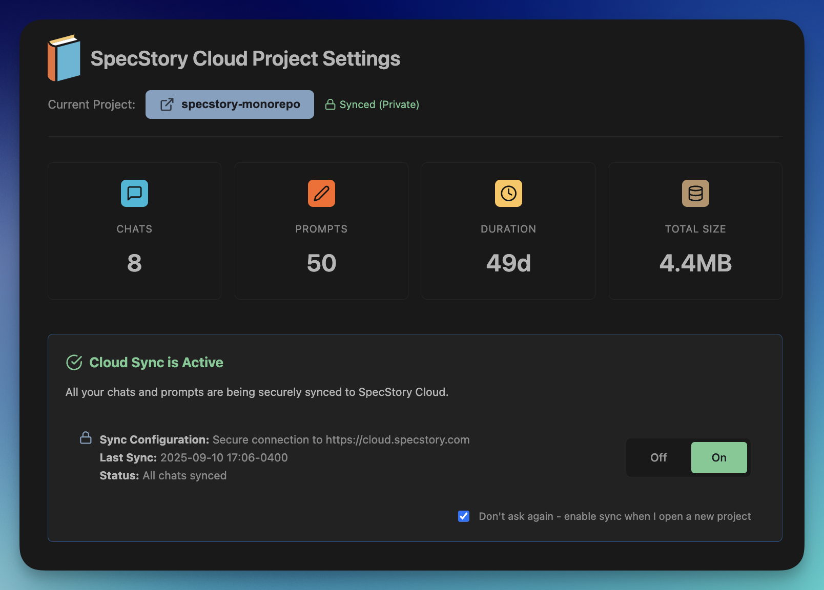 SpecStory Control Panel